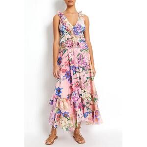 PatBO Iris Ruffle V Neck Dress pink ombre tropical floral resort size medium M